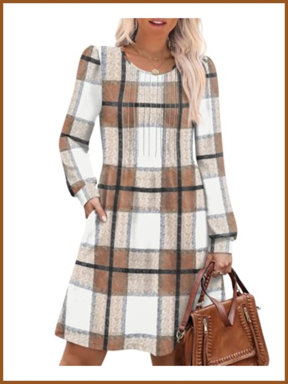 Pleated Crew Neck Long Sleeve Babydoll Sweater Dress with Pockets